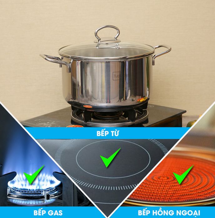 Nồi dùng được trên bếp gas, bếp hồng ngoại và bếp từ - Nồi inox 3 đáy 24 cm Fivestar FSN 24IN1