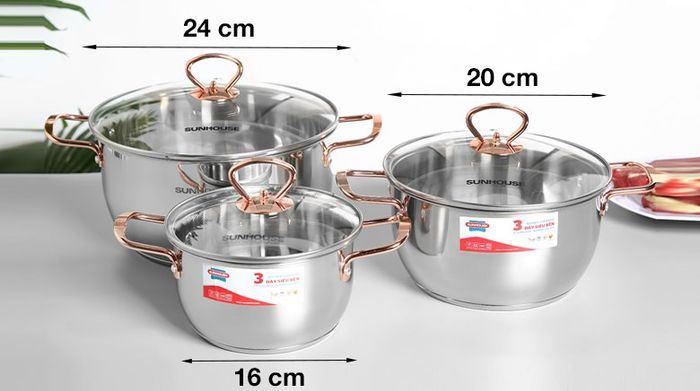 Đường kính nồi - Bộ 3 nồi Inox 3 đáy nắp kính Sunhouse SHG306