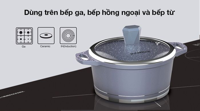 Nồi nhôm chống dính nắp kính 20cm Sunhouse SHG2020MMA - Sử dụng được trên mọi loại bếp như bếp từ, bếp hồng ngoại, bếp ga,...Nồi nhôm chống dính nắp kính 20cm Sunhouse SHG2020MMA - Sử dụng được trên mọi loại bếp như bếp từ, bếp hồng ngoại, bếp ga,...