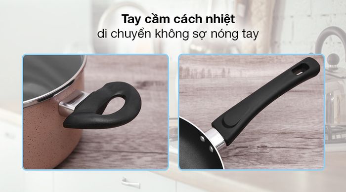 Bộ nồi chảo nhôm chống dính nắp kính Delites BE010-20-26 - Tay cầm chảo, nồi Delites chống nóng