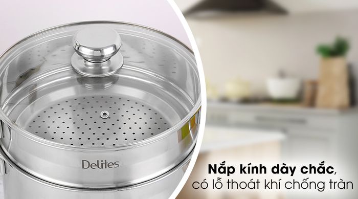 Bộ nồi inox 1 đáy 24 cm Delites XR001-24 - Trang bị nắp kính dày chắc