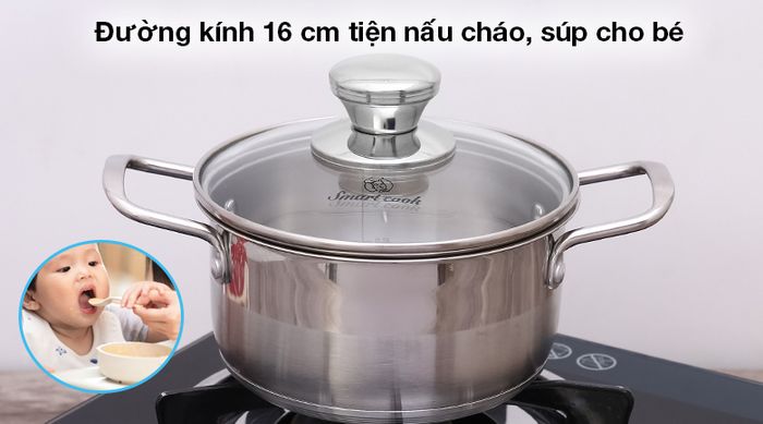Nồi inox 3 đáy nắp kiếng 16cm Smartcook SM2400MN - Đường kính 16 cm