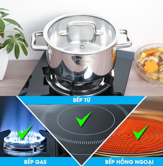 Nồi inox 3 đáy nắp kính 20cm Elmich Trimax Eco EL-3993 - Nồi sử dụng được trên mọi loại bếp như bếp ga, bếp hồng ngoại, bếp từ,...