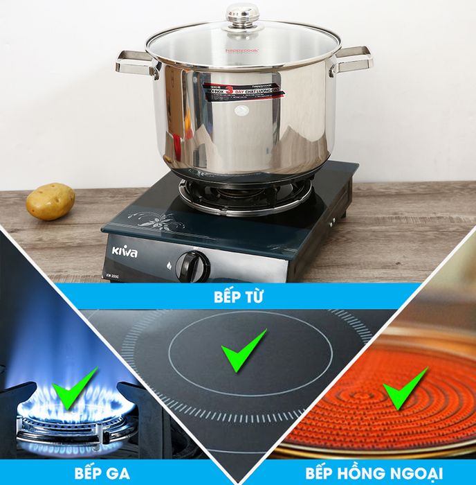 Nồi inox 3 đáy nắp kiếng 28cm Happycook NC-28G - Loại bếp sử dụng