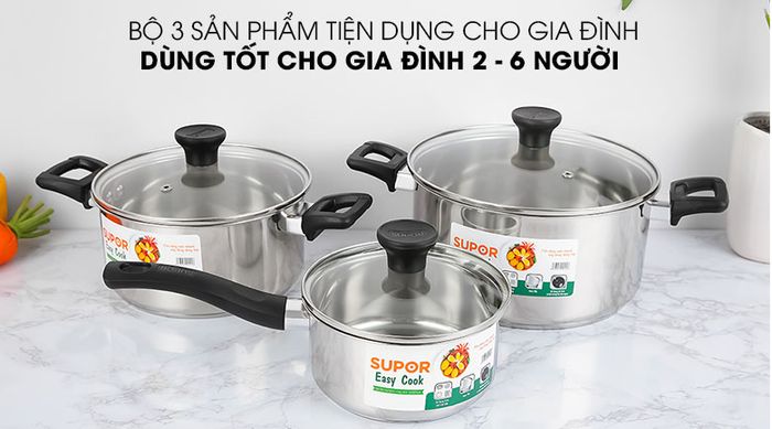 Kích thước nồi lần lượt 16cm - 20cm - 24cm - Bộ 3 nồi quánh inox 3 đáy nắp kiếng Easycook Supor H20211-T1