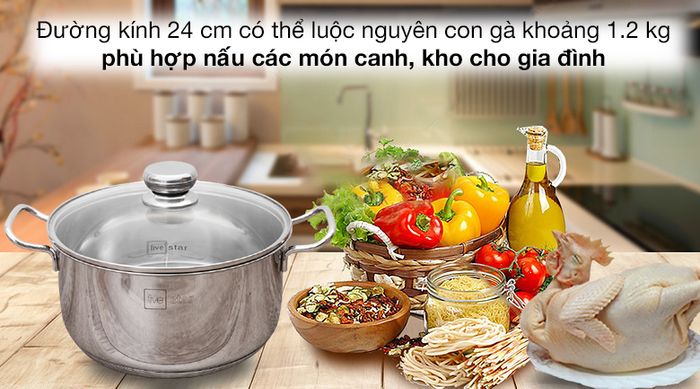 Đường kính - Nồi inox 3 đáy nắp kính 24 cm Fivestar N24-5DG