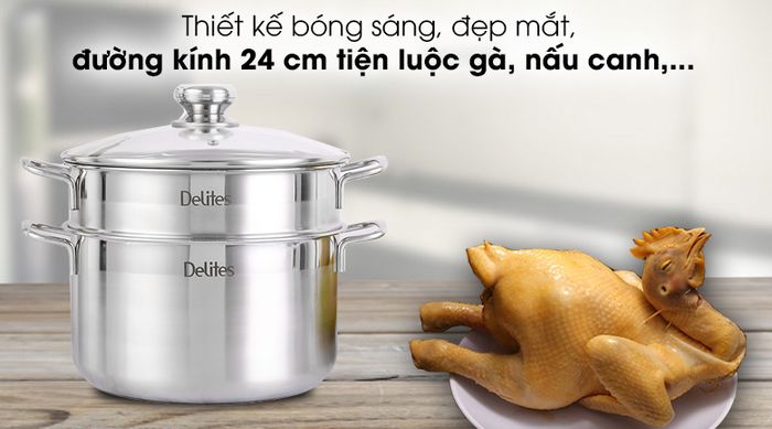 Bộ nồi inox 1 đáy 24 cm Delites XR001-24 - Màu bạc inox bóng sáng, đẹp mắt