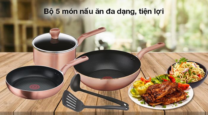 Bộ quánh chảo sạn vá nhôm chống dính Tefal G803S695 - Tefal G803S695 có 5 món gồm 1 chảo chiên, 1 chảo xào sâu lòng, 1 quánh, 1 vá và 1 sạn giúp nấu ăn thuận tiện, linh hoạt