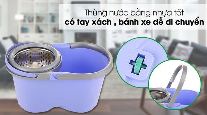 Bộ lau nhà Hommy MH-Xmop - Thùng chứa nước bằng nhựa được trang bị tay xách và bánh xe