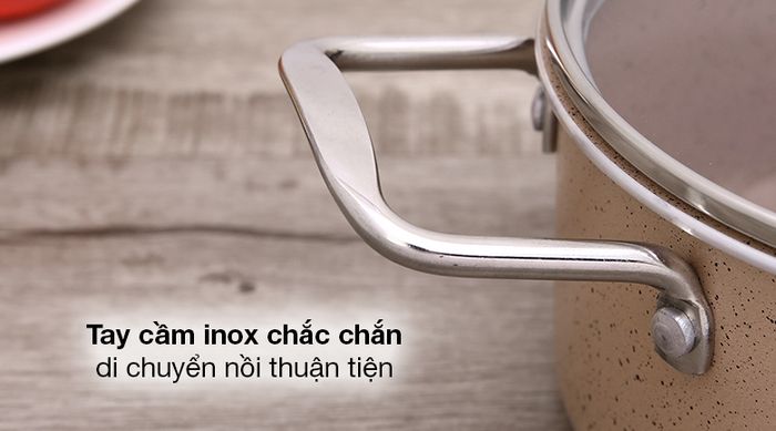 Nồi nhôm chống dính nắp kính 16cm Hommy NE006-16 - Nồi đơn có tay cầm inox chắc chắn
