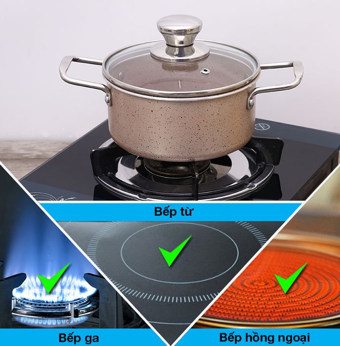 Nồi nhôm chống dính nắp kính 16cm Hommy NE006-16 - Sử dụng được trên mọi loại bếp như bếp ga, bếp hồng ngoại, bếp từ,...
