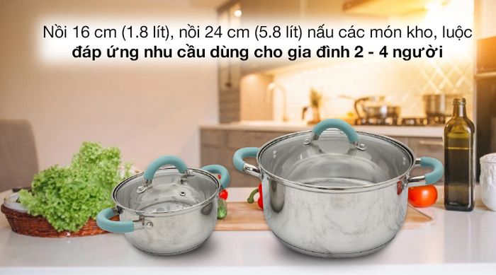 Bộ 2 nồi inox 3 đáy - Bộ hai nồi inox 3 đáy nắp kiếng 16cm & 24cm Hommy CW-S051-4