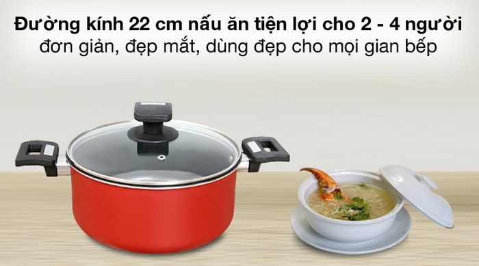 Dùng cho 2 - 4 người - Nồi nhôm chống dính đáy từ 22cm Hommy NE002-22