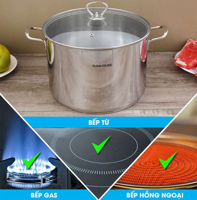 Dùng được với bếp từ, bếp ga, bếp hồng ngoại - Nồi luộc gà inox 3 đáy nắp kiếng 28cm Sunhouse SH28LG