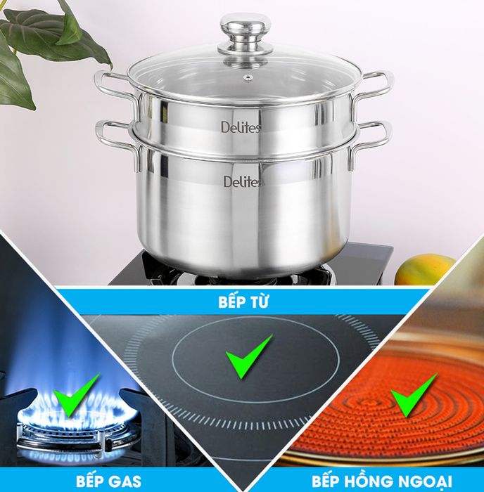 Bộ nồi inox 1 đáy 24 cm Delites XR001-24 - Sử dụng được trên mọi loại bếp từ bếp ga, bếp hồng ngoại đến bếp từ