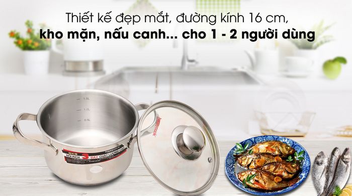 Đẹp mắt - Nồi inox 3 đáy 16cm Happycook N16-NMG