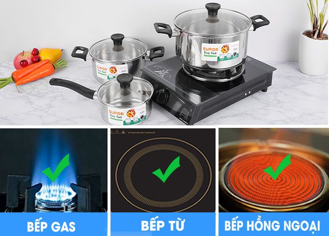 Dùng được trên mọi loại bếp - Bộ 3 nồi quánh inox 3 đáy nắp kiếng Easycook Supor H20211-T1.