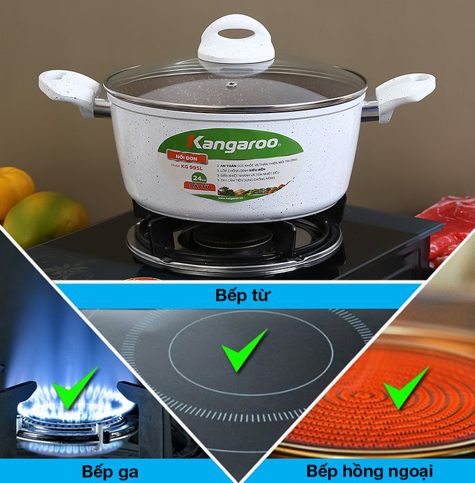 Nồi nhôm chống dính đáy từ 24cm Kangaroo KG995L - Có đáy từ nên dùng được cho bếp hồng ngoại, bếp ga, bếp từ