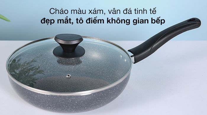 Thiết kế - Chảo nhôm sâu chống dính vân đá đáy từ nắp kính 26cm Delites CE005-26