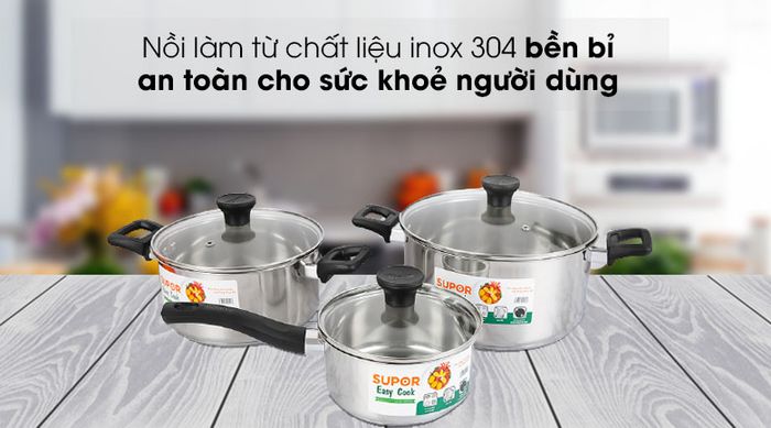 Chất liệu inox 304 - Bộ 3 nồi quánh inox 3 đáy nắp kiếng Easycook Supor H20211-T1.