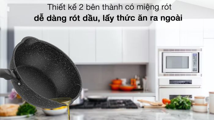 Chảo nhôm Sunhouse sâu chống dính đáy từ 30cm - Thiết kế 2 miệng rót cân đối.