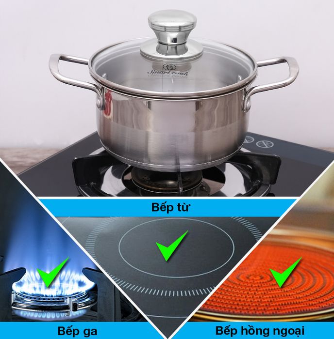 Nồi inox 3 đáy nắp kiếng 16cm Smartcook SM2400MN - Nồi inox dùng được trên bếp ga, bếp hồng ngoại và bếp từ