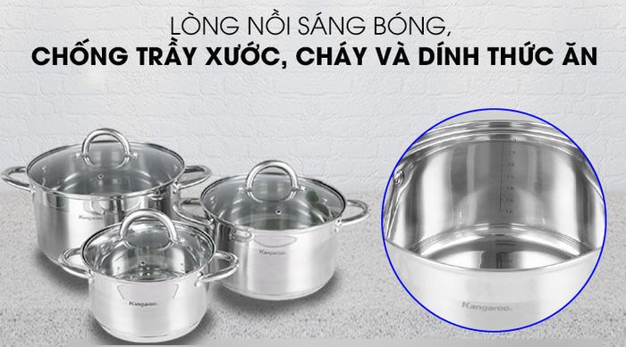 Lòng nồi - Bộ 3 nồi inox 5 đáy Kangaroo KG876