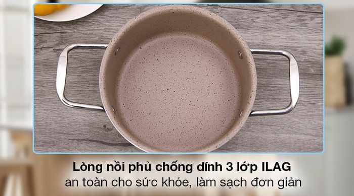 Nồi nhôm chống dính nắp kính 16cm Hommy NE006-16 - Lòng nồi phủ lớp chống dính 3 lớp ILAG