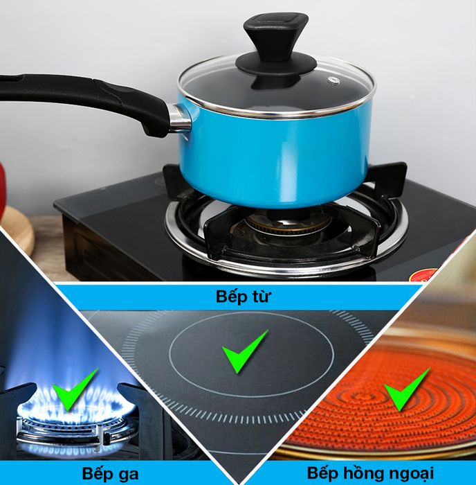 Dùng trên bếp nào - Quánh nhôm chống dính đáy từ 16cm Hommy QE003-16 Xanh