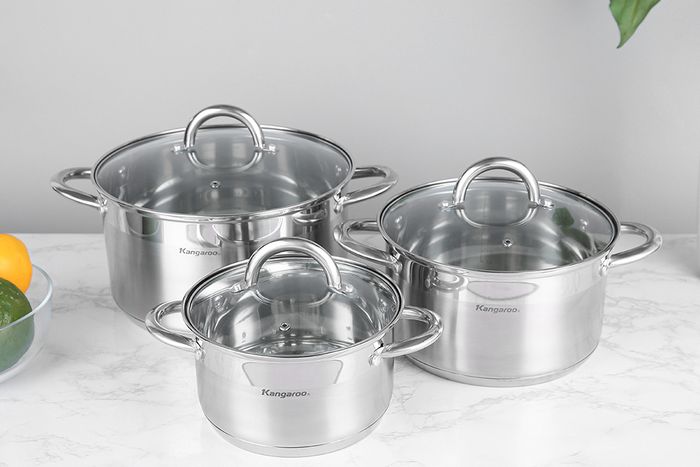 Thiết kế - Bộ 3 nồi inox 5 đáy nắp kính Kangaroo KG876