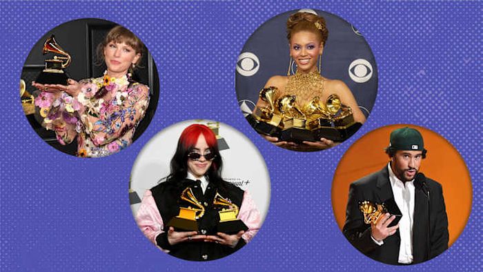 From left to right: Taylor Swift, Billie Eilish, Beyoncé, and Bad Bunny.