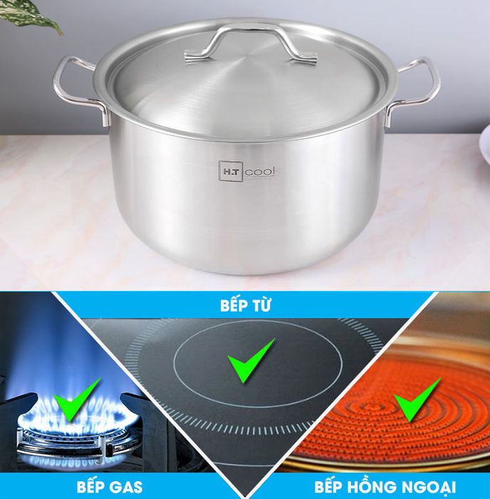 Sử dụng với bếp hồng ngoại, bếp gas, bếp từ - Nồi inox 28cm nắp inox HT Cook N28-1DHT