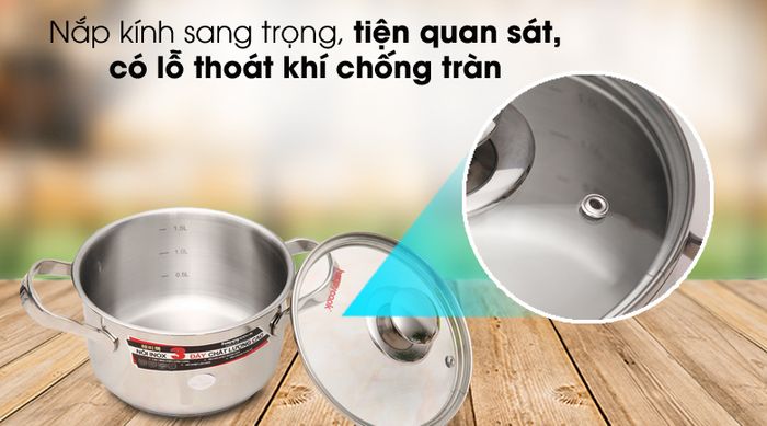 Nắp kính tiện lợi - Nồi inox 3 đáy 16cm Happycook N16-NMG