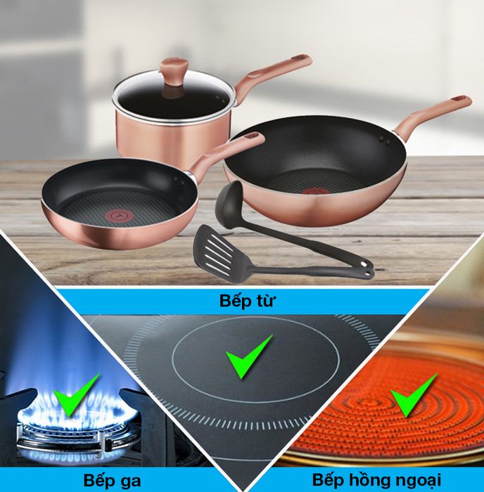 Bộ quánh chảo sạn vá nhôm chống dính Tefal G803S695 - Có đáy từ 430 dùng được cho bếp ga, bếp hồng ngoại và bếp từ