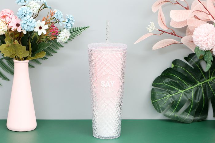 Ly nhựa 2 lớp kèm ống hút 750 ml DMX K750PP53C hồng nhạt