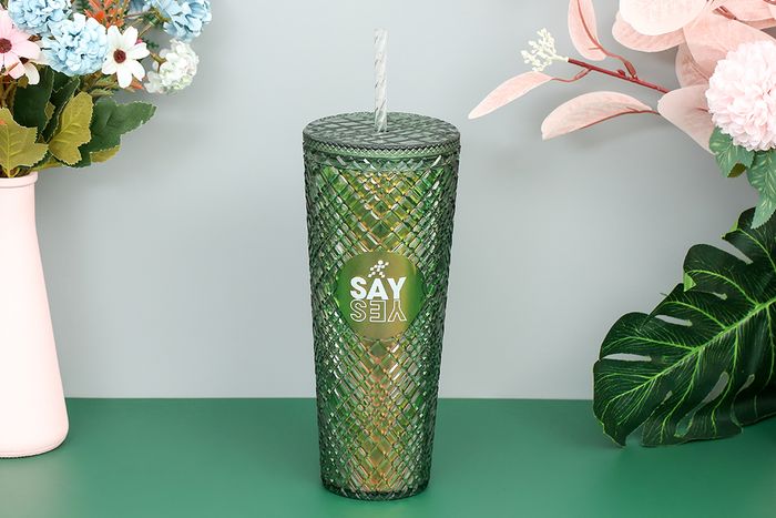 Ly nhựa 2 lớp kèm ống hút 750 ml DMX K750PP53C xanh lá đậm