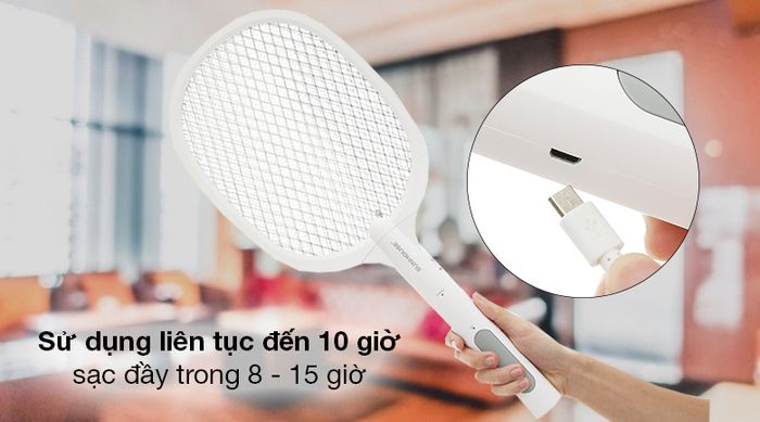 Vợt muỗi thông minh 3 in 1 Sunhouse SHE-Pro11.W - Pin sạc lõi Lithium cao cấp với dung lượng pin 1200 mAh cho khả năng sử dụng lên tới 10 giờ