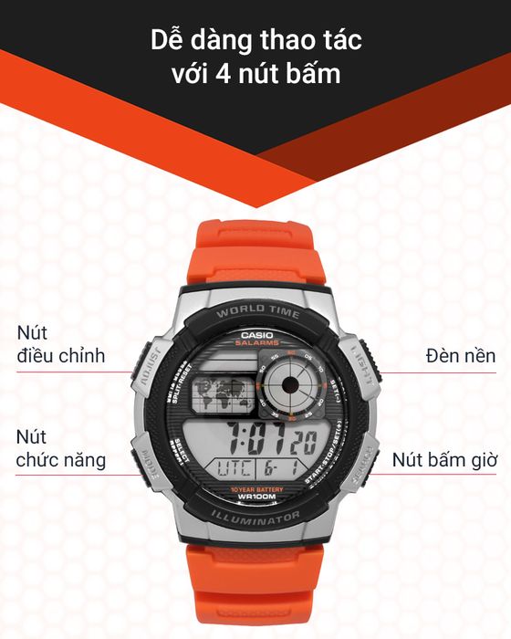 Các nút bấm trên đồng hồ Nam Casio AE-1000W-4BVDF