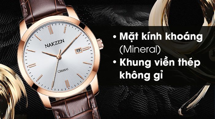 Đồng hồ nam Nakzen SL4072GBN-7NR có mặt kính trong suốt, khung viền bằng thép chống ăn mòn
