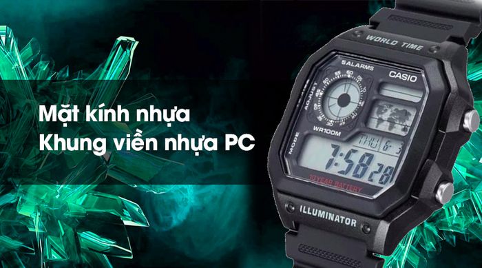 Đồng hồ nam Casio AE-1200WH-1AVDF có mặt kính bền bỉ, khung viền chắc chắn