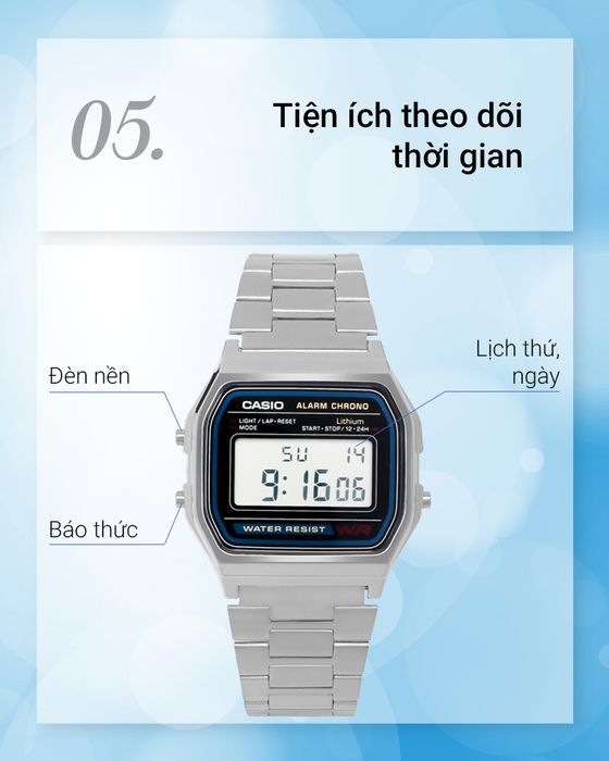 Đồng hồ Unisex Casio A158WA-1DF với nhiều tiện ích khác nhau