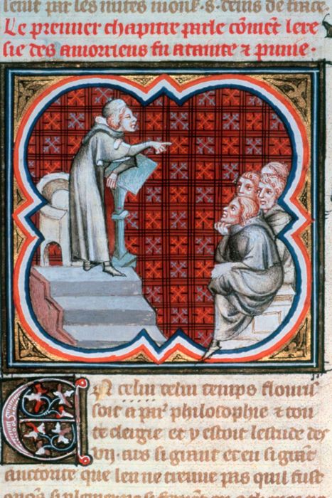 A medieval manuscript illustration depicting Amalric of Bena delivering a lecture around 1200 at the University of Paris.