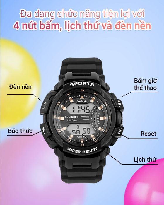 Đồng hồ trẻ em Smile Kid SL064-01 sở hữu 4 nút nhấn với các chức năng hữu ích