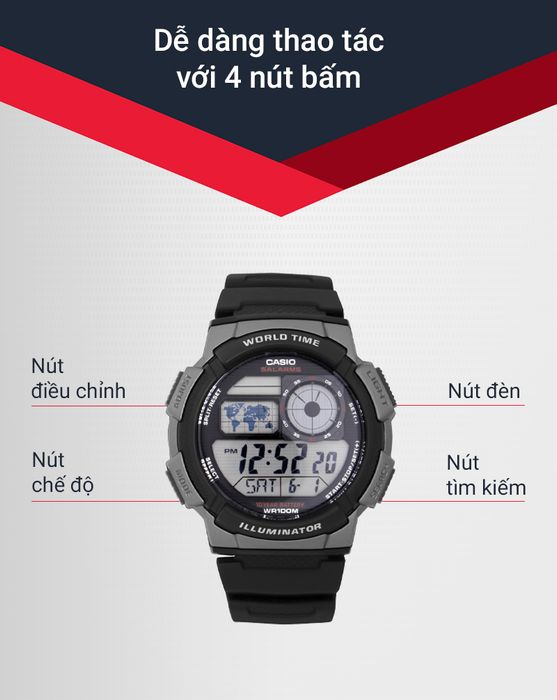 Các nút bấm trên Đồng hồ Casio AE-1000W-1BVSDF - Nam