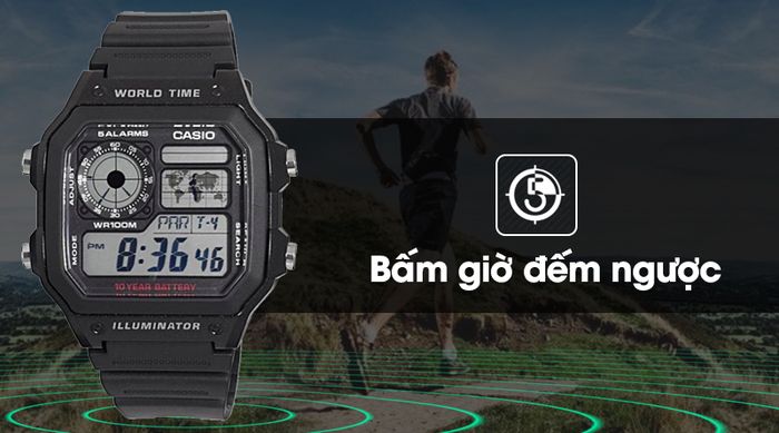 Đồng hồ nam Casio AE-1200WH-1AVDF có đồng hồ bấm giờ đếm ngược