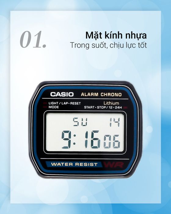 Đồng hồ Unisex Casio A158WA-1DF có mặt kính trong suốt