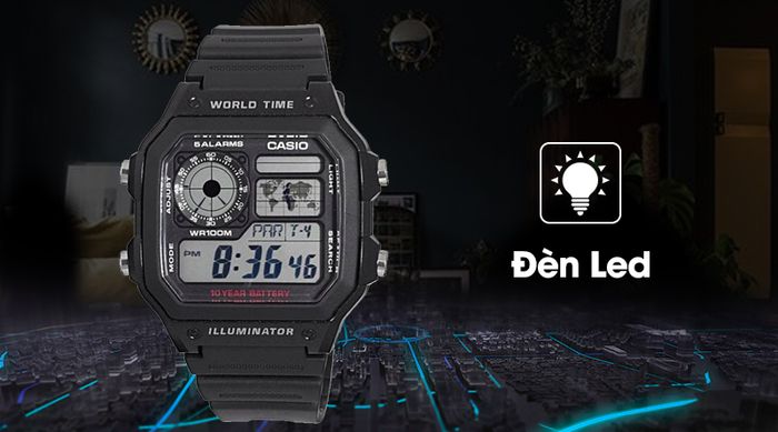 Đồng hồ nam Casio AE-1200WH-1AVDF có đèn led sáng mạnh