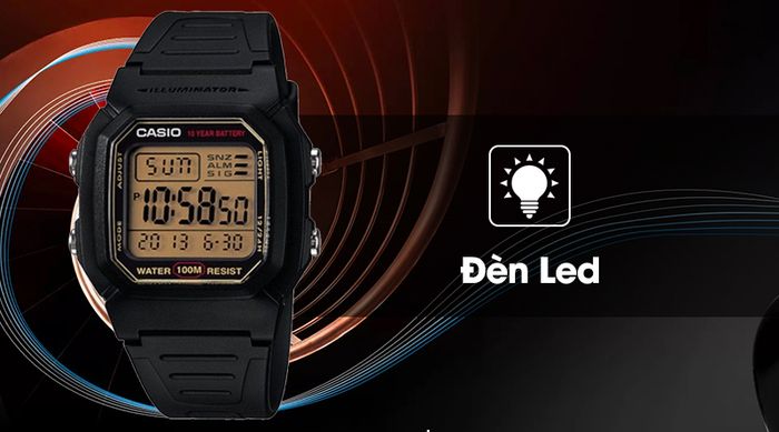 Đồng hồ nam Casio W-800HG-9AVDF được trang bị thêm đèn Led sáng rõ, không lóa mắt