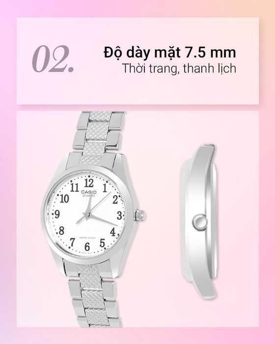 Đồng hồ nữ Casio LTP-1274D-7BDF có độ dày mặt 7.5 mm