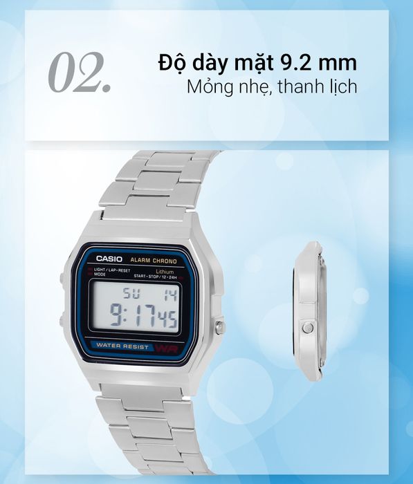 Đồng hồ Unisex Casio A158WA-1DF dày 9.2 mm, đằm tay khi đeo